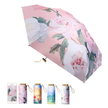 Маленький Мини-зонтик для женщин, Компактный Портативный Складной Зонт с защитой от ультрафиолета, Карманный Плоский Крошечный Легкий Зонтик